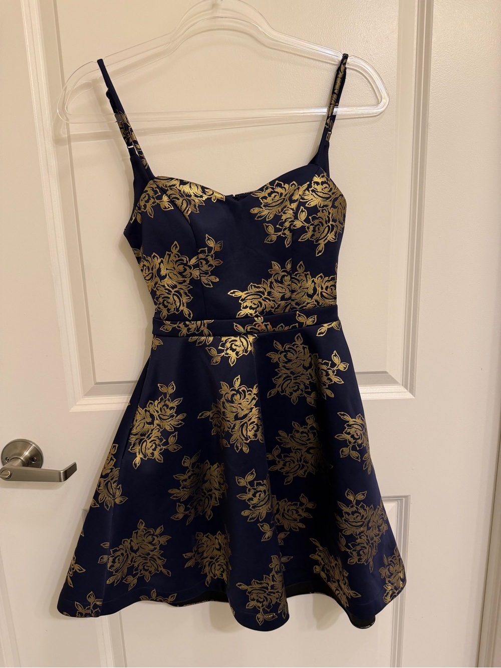 Navy and Gold Floral Fit & Flare Dress with Pockets